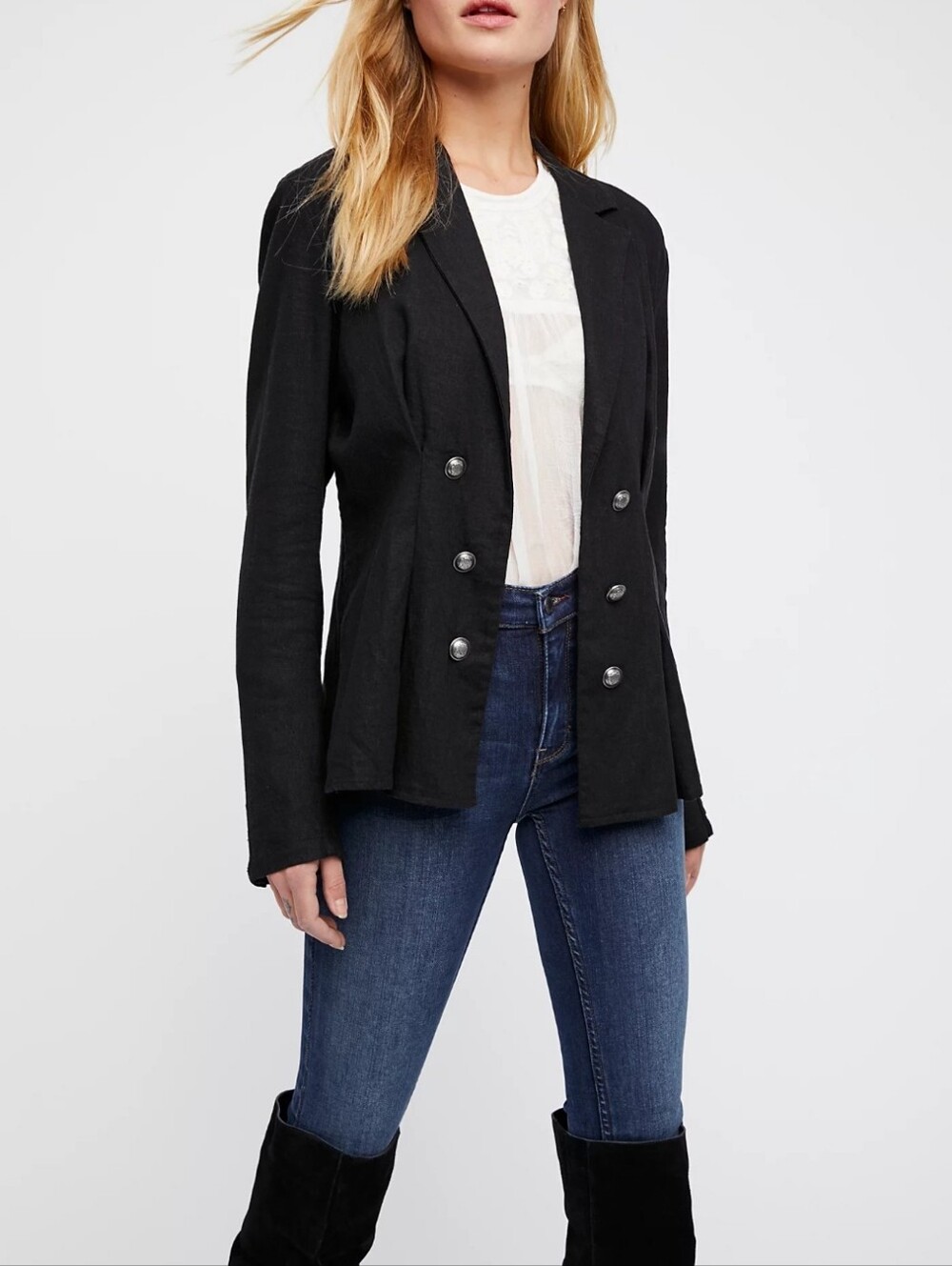 Free People Blazer Women's Size Medium Cinched Waist Black Linen Jacket FP
